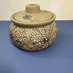 VTG Pottery Ceramic Bowl Pot Lid Kitchenware Hand Painted Brown Tan Boho